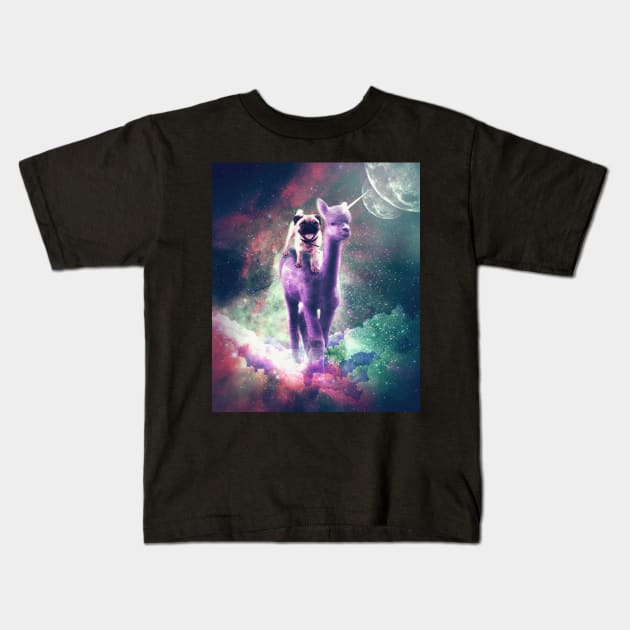 Funny Space Pug Riding On Alpaca Unicorn Kids T-Shirt by Random Galaxy